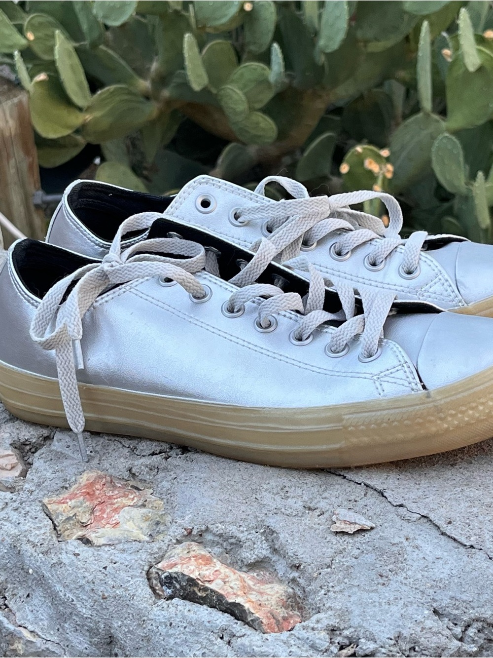 Converse Low Top Sneakers in Metallic Silver with Gum Sole